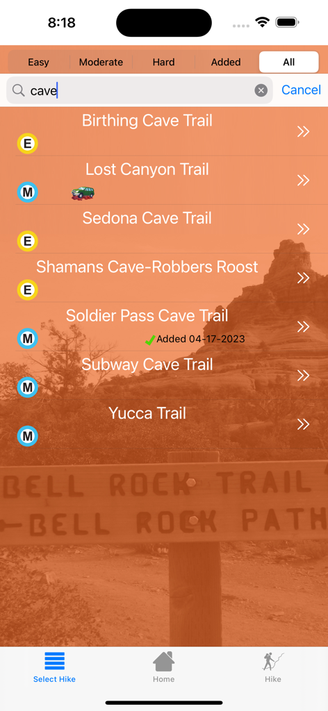 Sedona Hiking app interface showing a list of easy and moderate cave trails