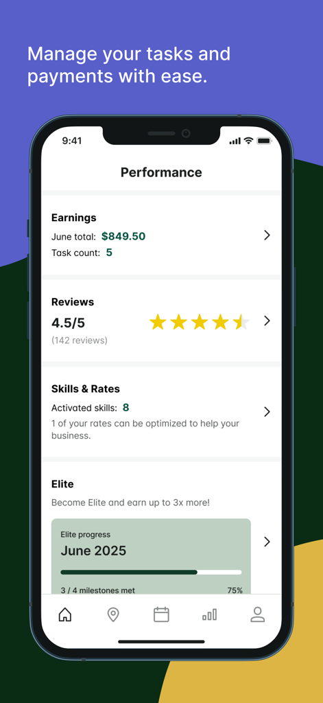 Tasker by Taskrabbit performance screen showing earnings reviews and skills