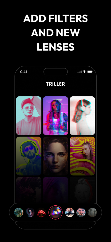 A mobile screen interface of Triller showing a grid of photos with various artistic filters and lenses