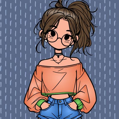 girl with a messy ponytail glasses a baggy crop top and jean shorts