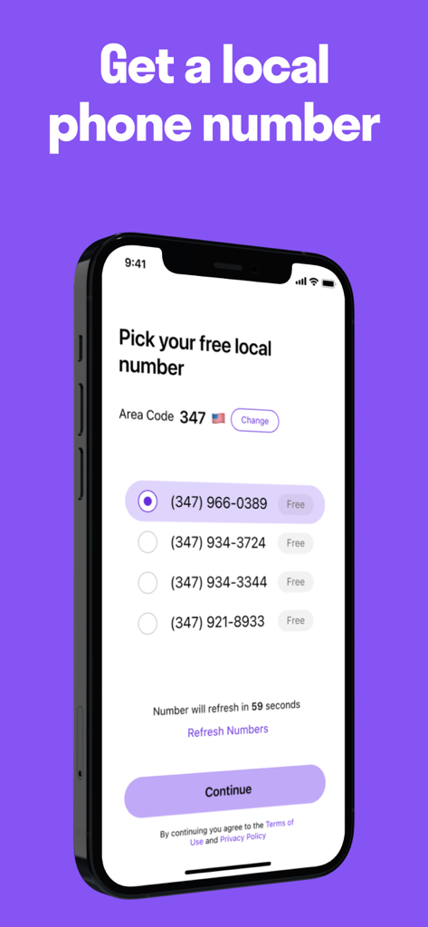 A smartphone screen displaying the TextNow app interface where users can choose a free local US phone number from a list.