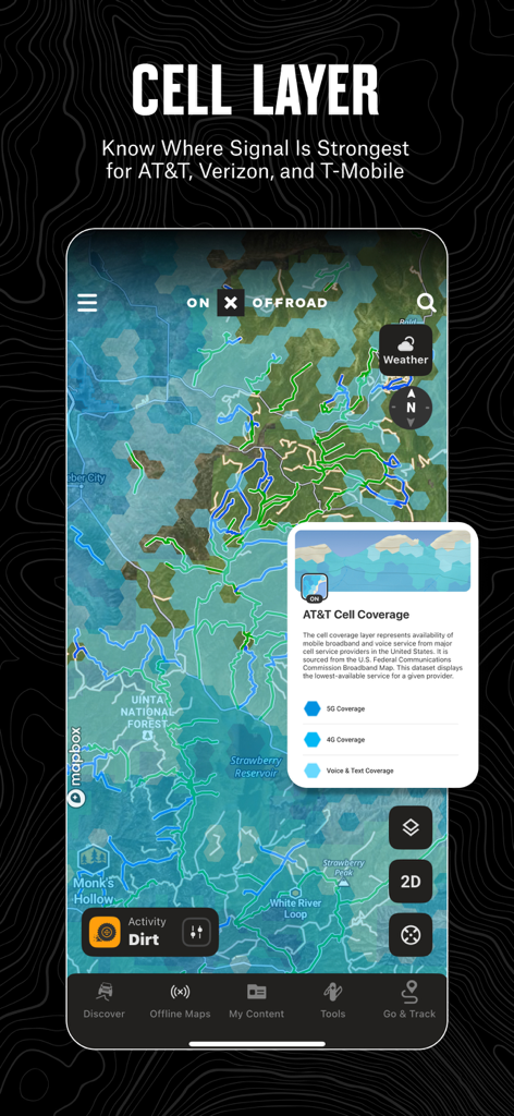 Mobile app interface showing cell coverage layers for major carriers on an off-road trail map