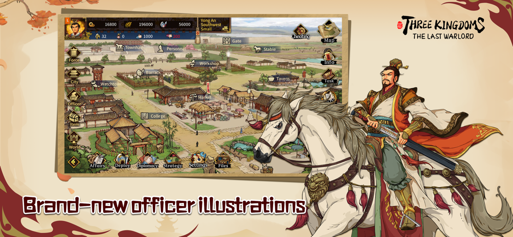 ThreeKingdoms The Last Warlord - Character illustration of a warlord on a white horse with city management map in background