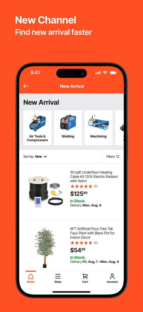 VEVOR Home Improvement Tools - Interface do aplicativo móvel VEVOR mostrando novos produtos em categorias de melhorias em casa e ferramentas