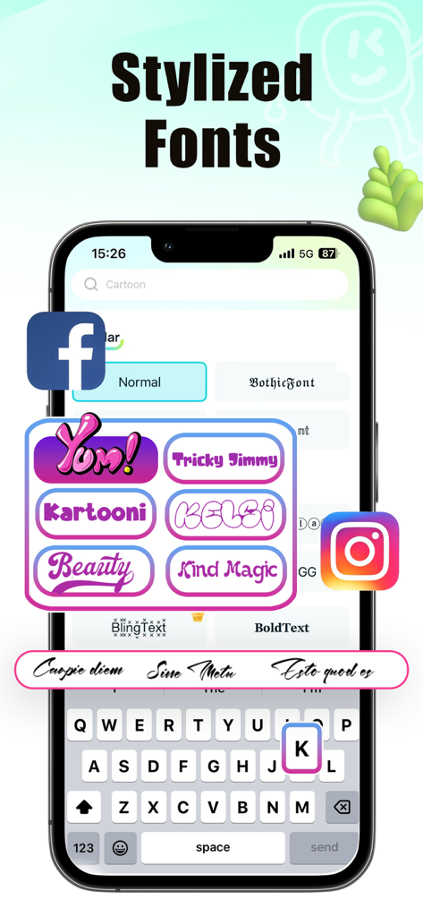 KeyFonts- Keyboard & Themes - Interfaz de la aplicación móvil KeyFonts que muestra una variedad de opciones de fuentes estilizadas y un teclado personalizado en un iPhone.