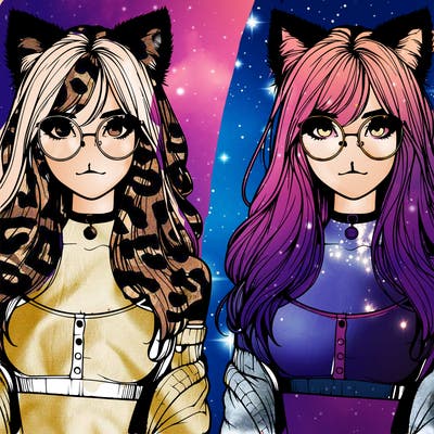 realistic girl with fluffy cat ears with round glasses and an oversized crop top