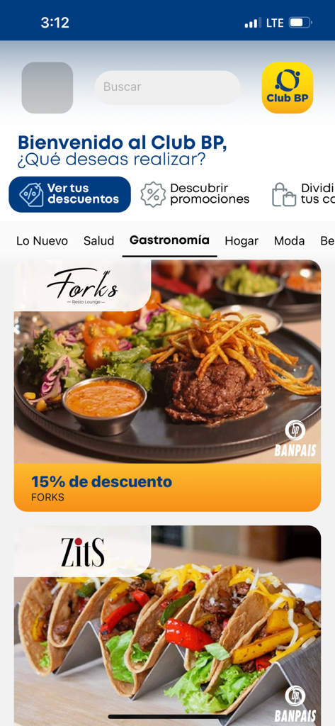Club BP - Pantalla de la aplicación Club BP que muestra descuentos en restaurantes y ofertas gastronómicas para tarjetahabientes de Banpais