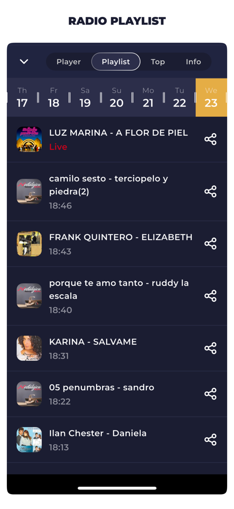 Radio Venezuela Live Online FM - Radio playlist screen showing recently played songs and artists on a Venezuelan station