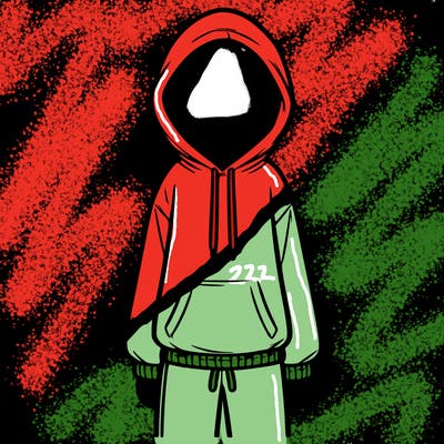 faceless girl in a tracksuit with a hood on and no hair