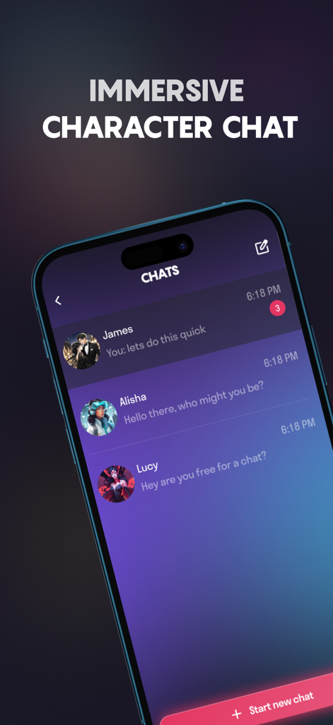 Dreampress AI: Story Generator - Écran de smartphone montrant la fonction de chat immersive avec les personnages dans l'application Dreampress AI avec divers profils de personnages