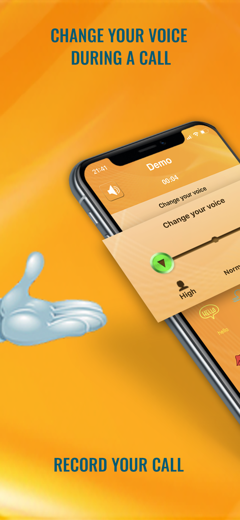 Smartphone screen showing the voice changer and recording features of the Fun Phone Call app