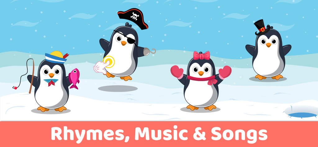 Four cartoon penguins in various costumes on a snowy background with the text Rhymes Music and Songs