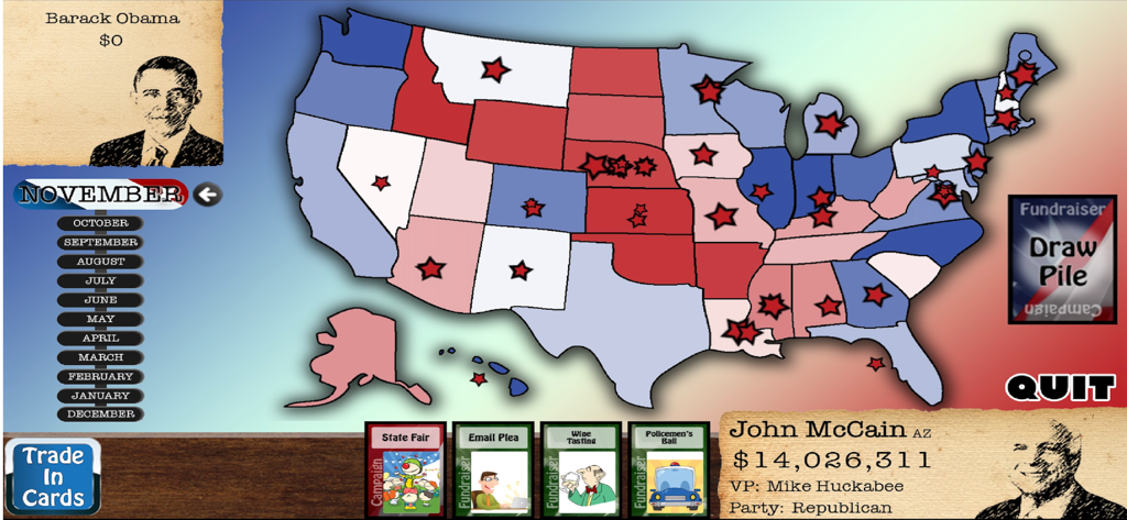 Election: Run for President - Gameplay screenshot of Election Run for President showing a US map with red and blue states and candidate profiles for Obama and McCain