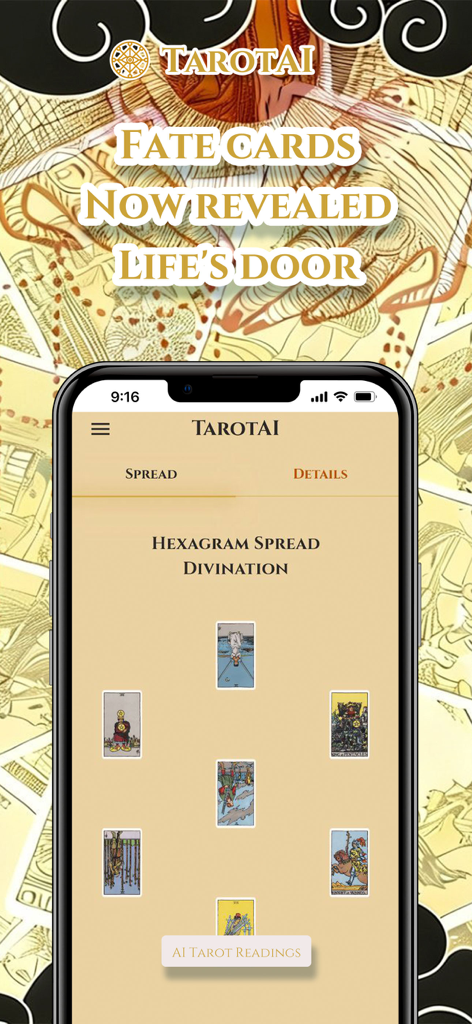TarotAI - Daily Card Readings - Aplicación móvil TarotAI mostrando una lectura de adivinación de tirada de hexagrama en un smartphone.