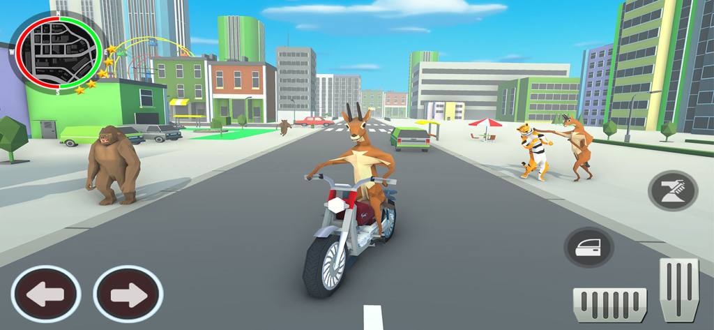 Wild Deer Hunt Gangster Animal - A deer character riding a motorcycle in a low poly open world city street featuring other animals and game controls