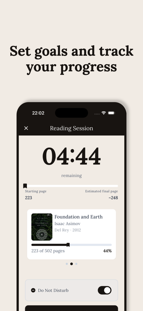 Readaily — Book Reading Habit - Readaily app interface showing a reading session timer and progress tracking for a book