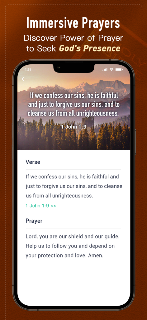 Holy Bible, KJV Bible + Audio - Tela de smartphone do aplicativo Bíblia Sagrada mostrando um versículo diário e oração sobre um fundo de montanha