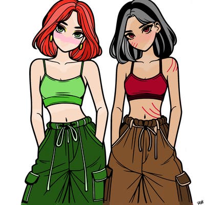 two girls with crop top with baggy pants