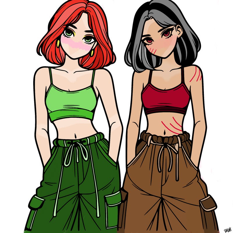 two girls with crop top with baggy pants