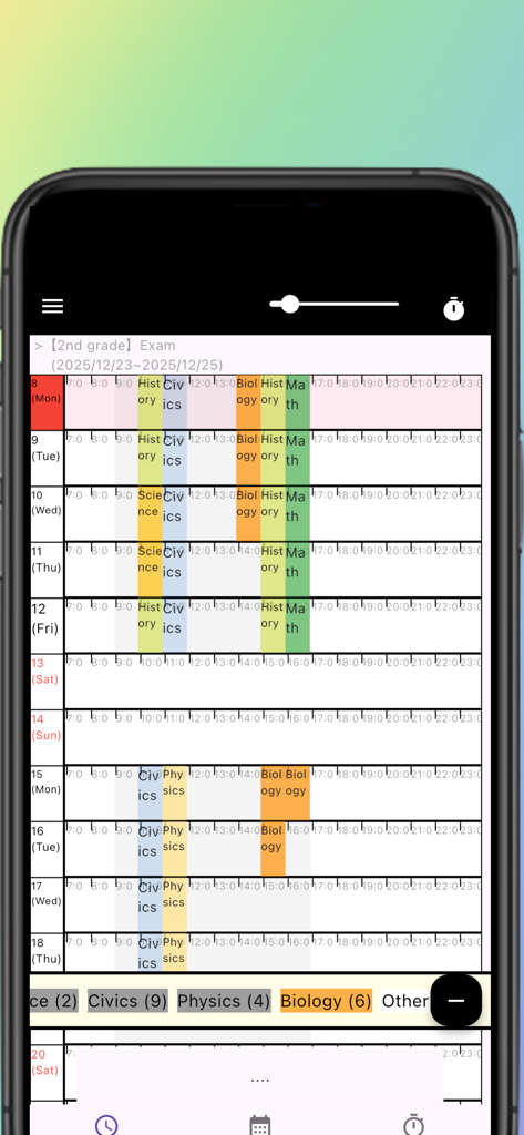 A weekly calendar view in the Study Plan Maker app showing color-coded study sessions for various academic subjects.