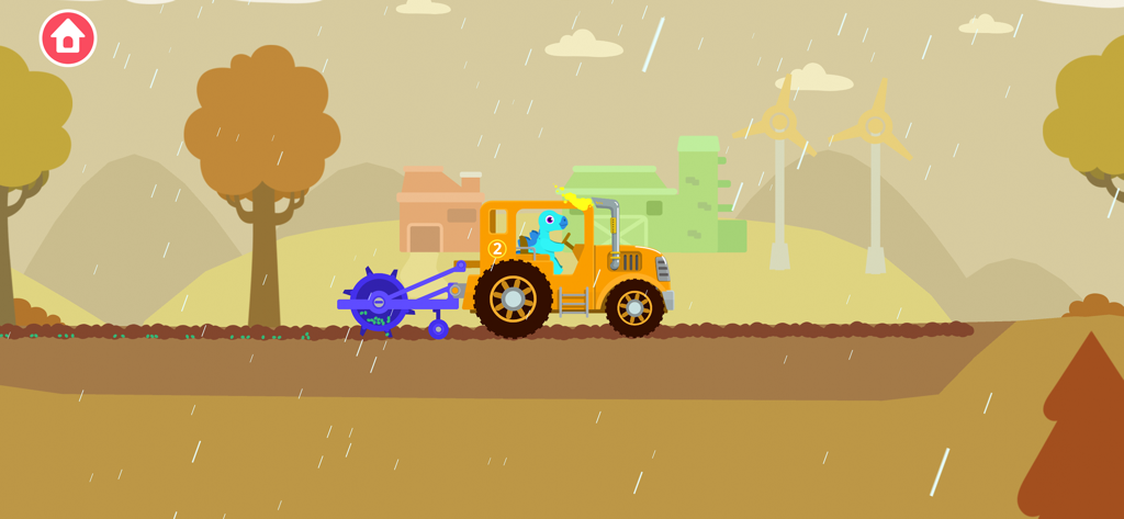 Ein blauer Dinosaurier fährt einen orangefarbenen Traktor auf einem Bauernhof im Regen.