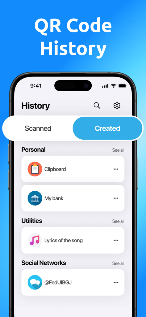 QR Code Generator Pro‎ - Der Verlaufsbildschirm der QR Code Generator Pro-App zeigt erstellte QR-Codes, die in Kategorien wie Persönlich und Dienstprogramme organisiert sind