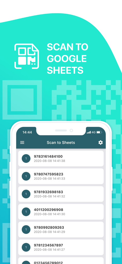 Interface of the Scan to Sheets app showing a history of scanned barcodes with timestamps on a smartphone