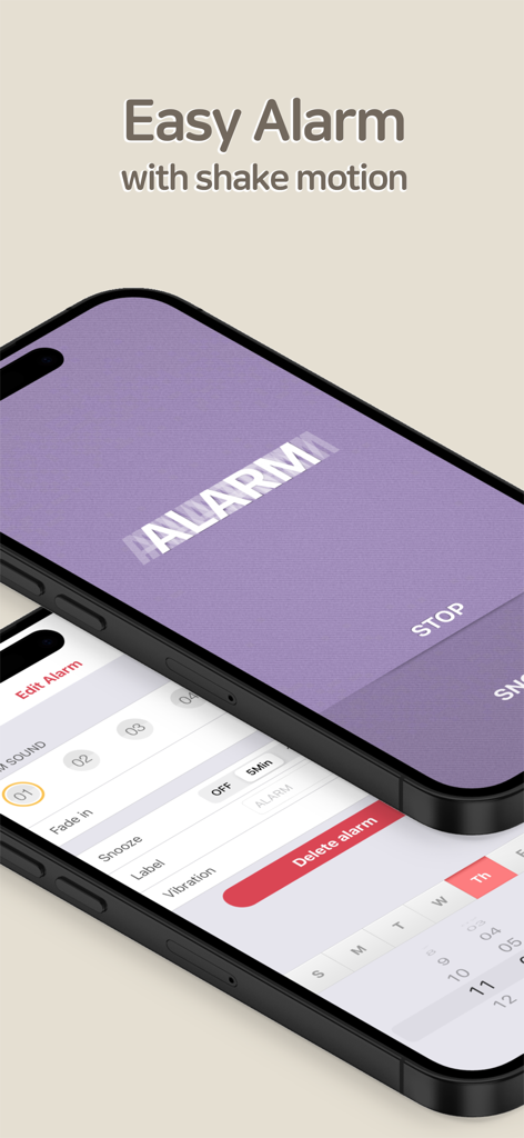 Due iPhone che mostrano l'interfaccia della sveglia dell'app Red Clock con movimento di scuotimento e menu delle impostazioni
