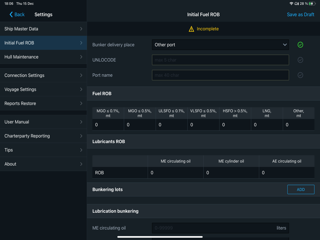 Bildschirm für die Erstmeldung von Kraftstoff und Schmierstoffvorräten (Fuel ROB) in der Wärtsilä SmartLog App für das Schiffsmanagement
