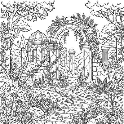 Immerse yourself in the serene beauty of overgrown temple ruins, where ancient stones meet lush cottagecore greenery. This delightful coloring page invites you to bring a forgotten world back to life with your own vibrant palette.