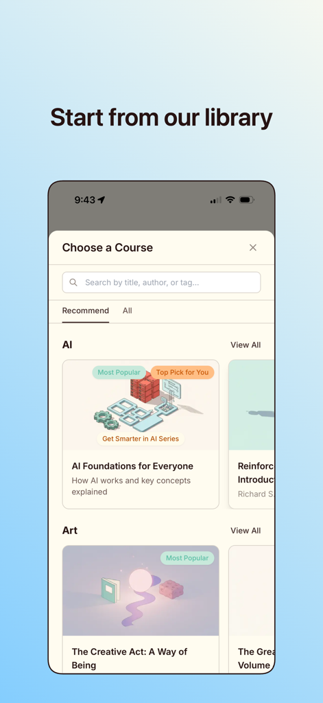 A library interface in the Wondering app showing curated learning courses for AI and Art topics.