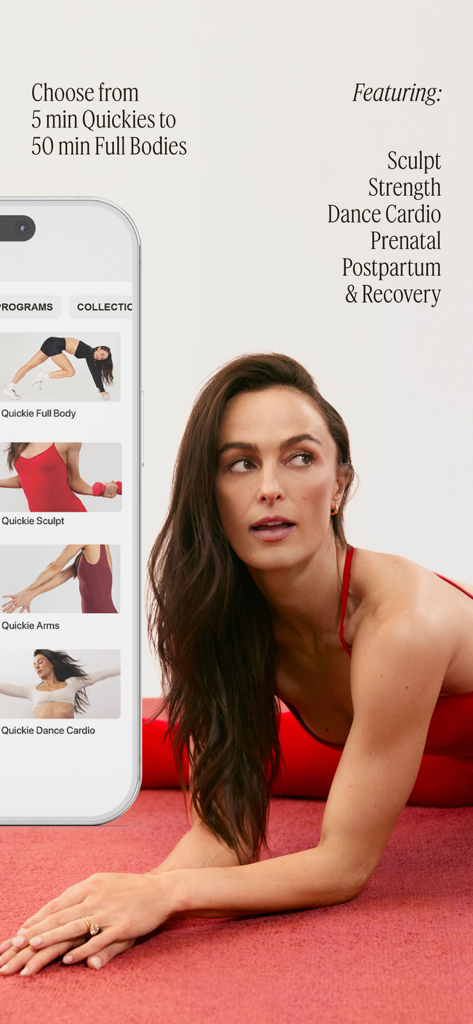 Megan Roup posing next to a smartphone displaying The Sculpt Society workout app classes and features