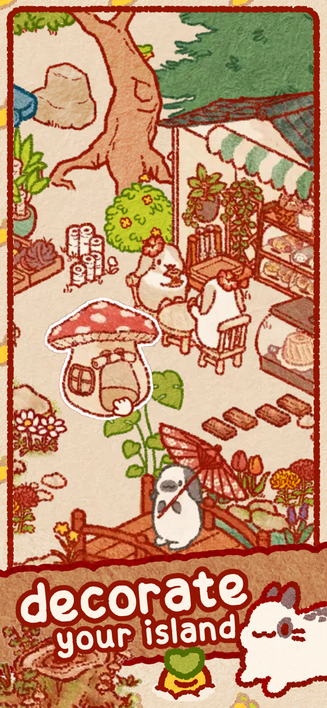Usagi Shima: Cute Bunny Game - A hand-drawn game scene from Usagi Shima showing cute bunnies on a decorated island with a mushroom house and small cafe buildings.