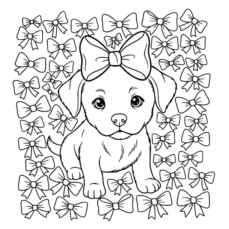 a cute puppy with a ribbon bow on the puppy’s head with smaller ribbon, bows filling in the background