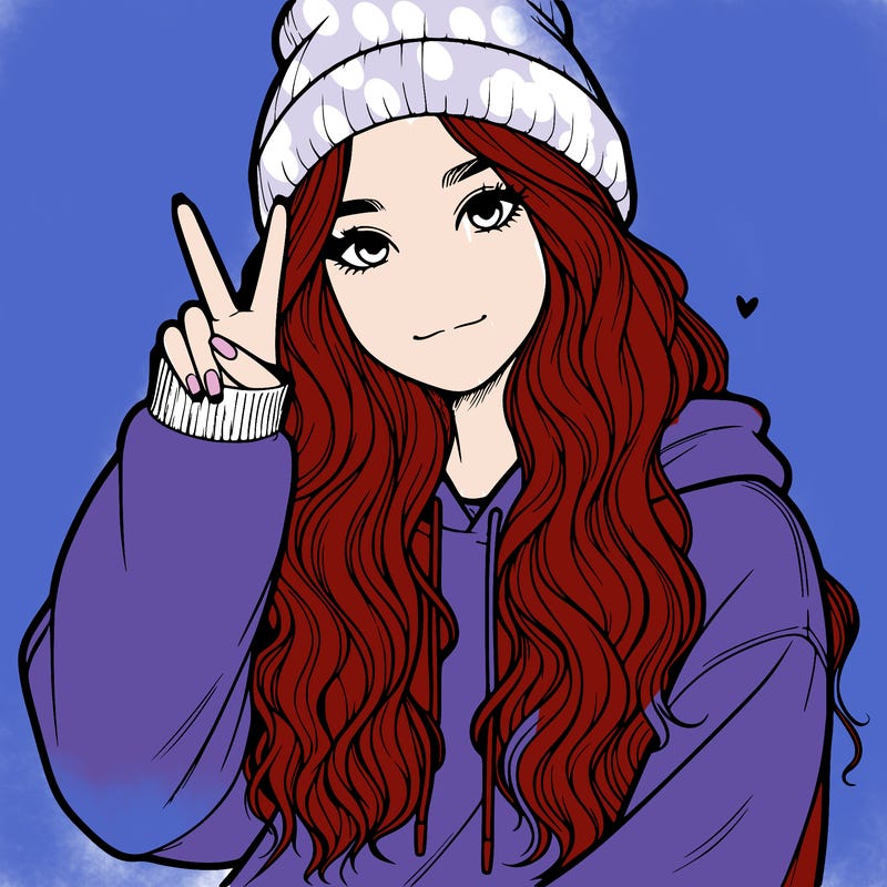 a teenage girl in a beanie, oversized sweatshirt, wavy long hair, and is showing a ✌️