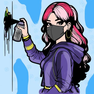 realistic girl with mask spray painting a wall