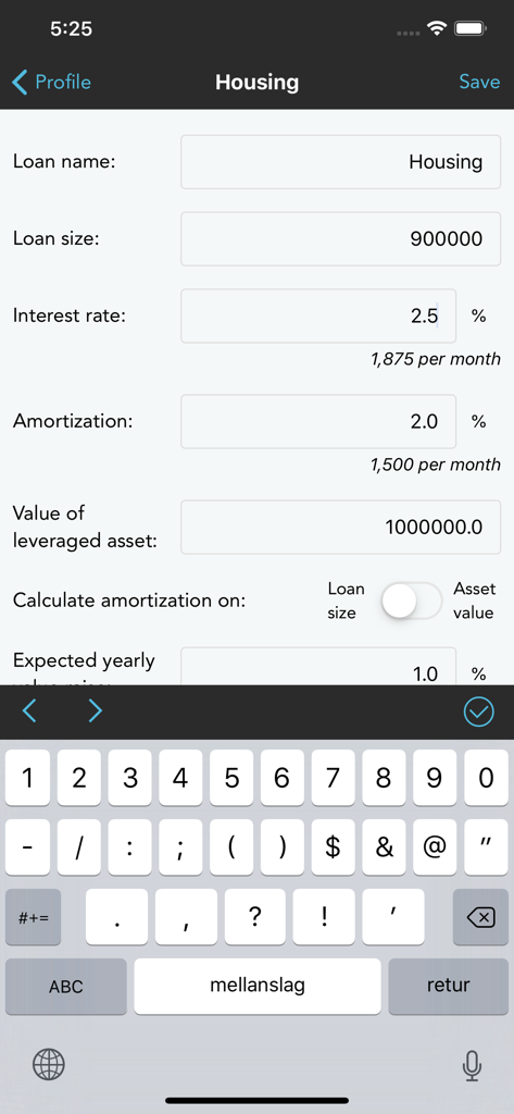 Wealth Forecast app housing loan details entry screen showing interest rate and amortization