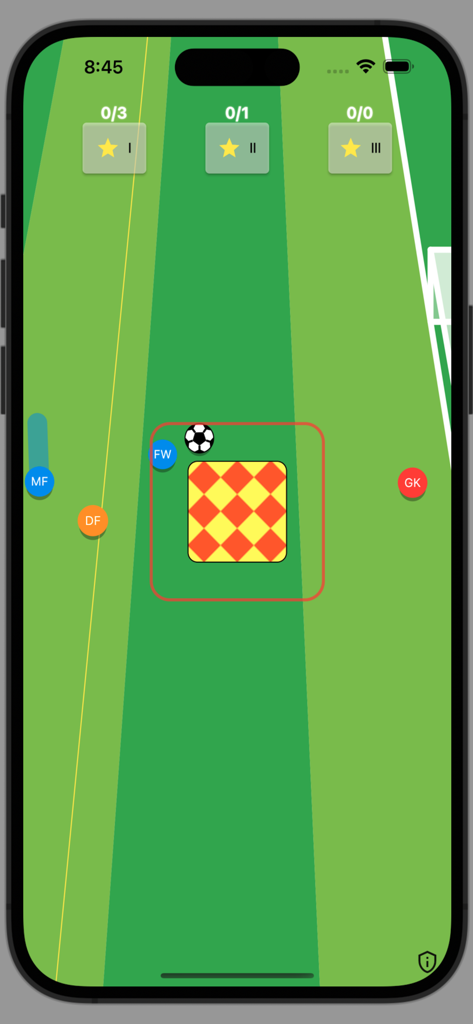Striker!! - A top-down view of a minimalist soccer game showing symbolized players as colored circles on a green field