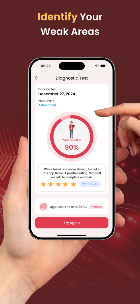 A mobile app screen displaying a 90 percent diagnostic test score and a section to identify and improve weak areas for the CompTIA ITF plus exam.