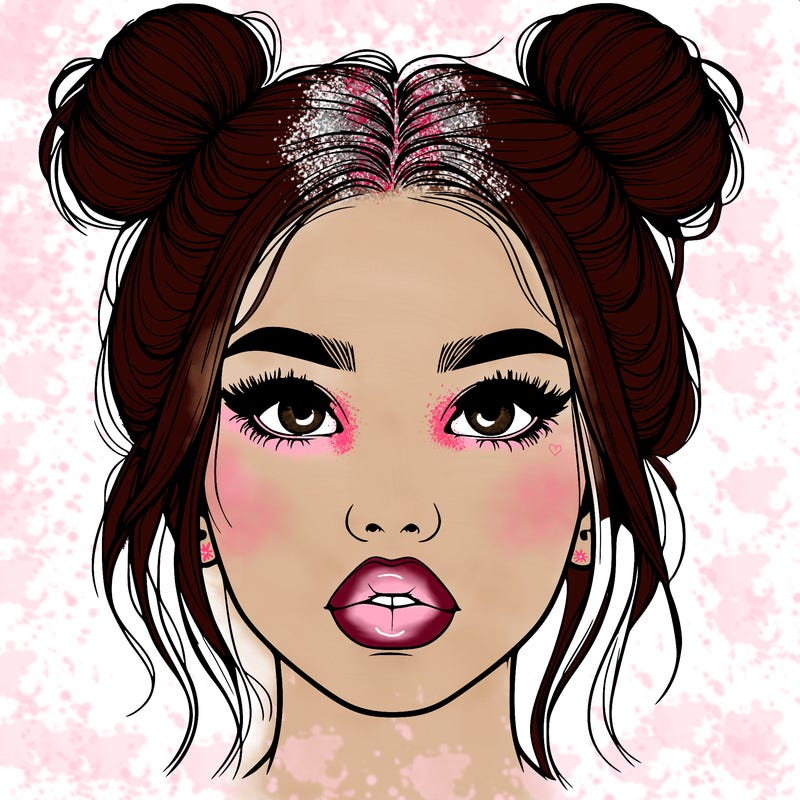 realistic girl with two buns on her hair and lips