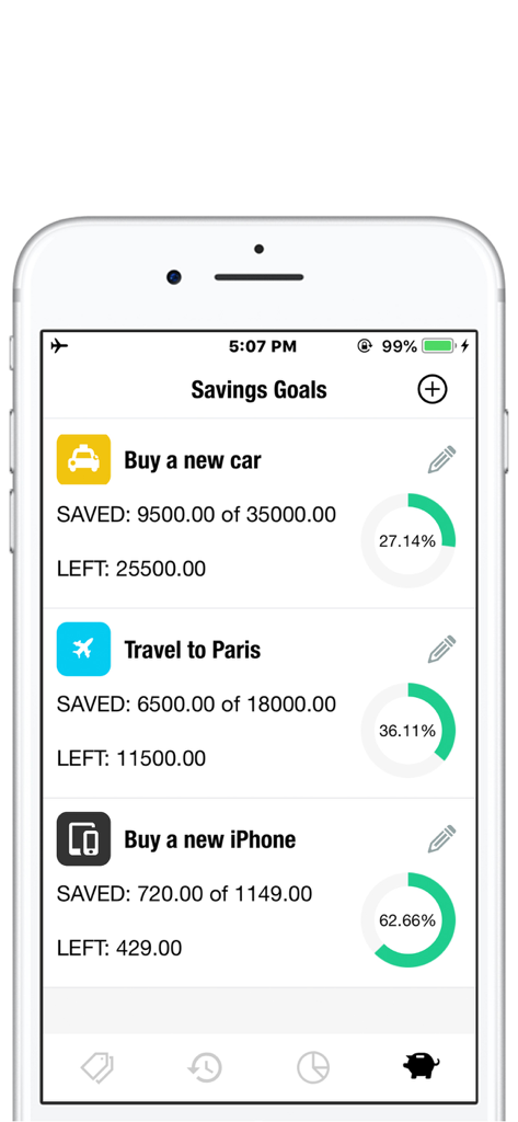 NextCost-Money Flow,My Savings - NextCost app screen displaying progress towards personal savings goals like travel and big purchases