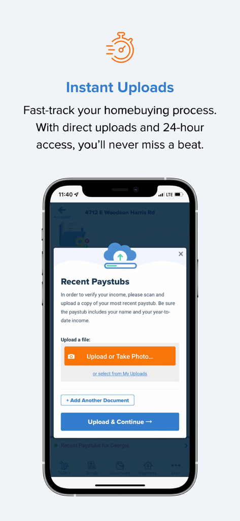 MyVeteransUnited app interface showing the instant document upload feature for paystubs