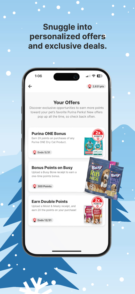 Smartphone screen showing personalized pet food deals and bonus point offers in the myPurina app