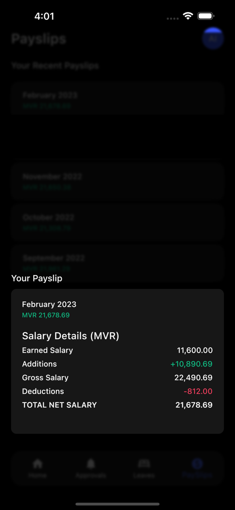 Hello Connect - Mobile App-Oberfläche von Hello Connect mit detaillierter Monatsgehaltsabrechnung, Gehaltsaufschlüsselung und Nettolohn