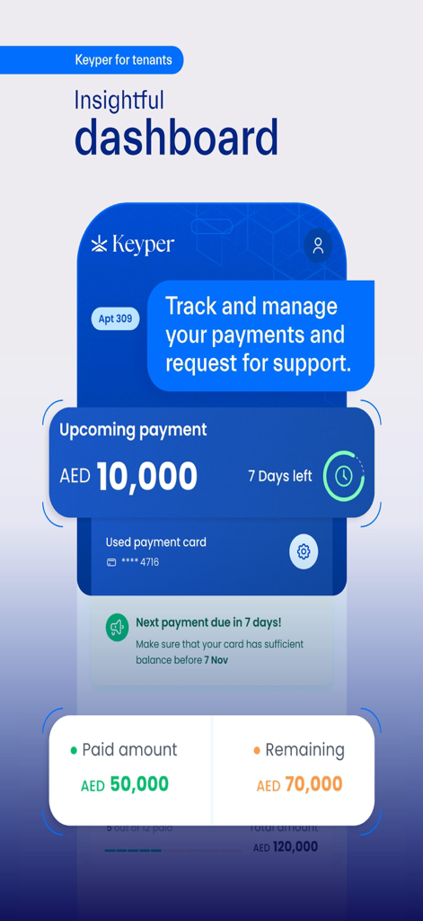 Keyper: Manage & Rent Property - Keyper tenant dashboard displaying upcoming rent payments and total amount paid