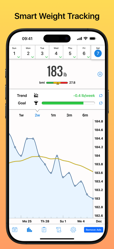 Interfaz de la aplicación Weight Diary Lite que muestra la línea de tendencia de peso y el gráfico de progreso de objetivos en iPhone