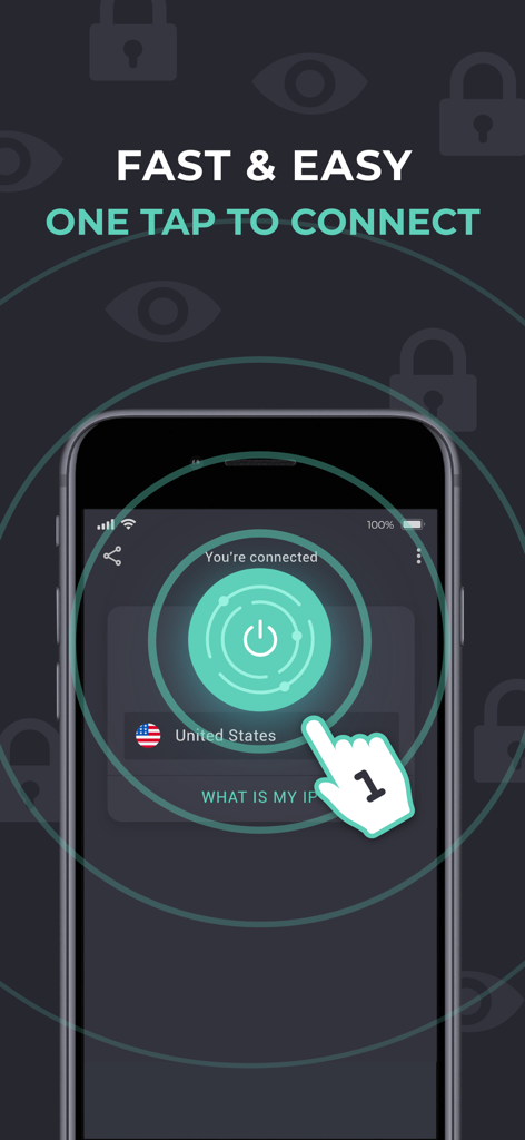 VPN Private - Uma tela de celular mostrando a interface do aplicativo VPN Private com uma conexão de um toque a um servidor dos Estados Unidos