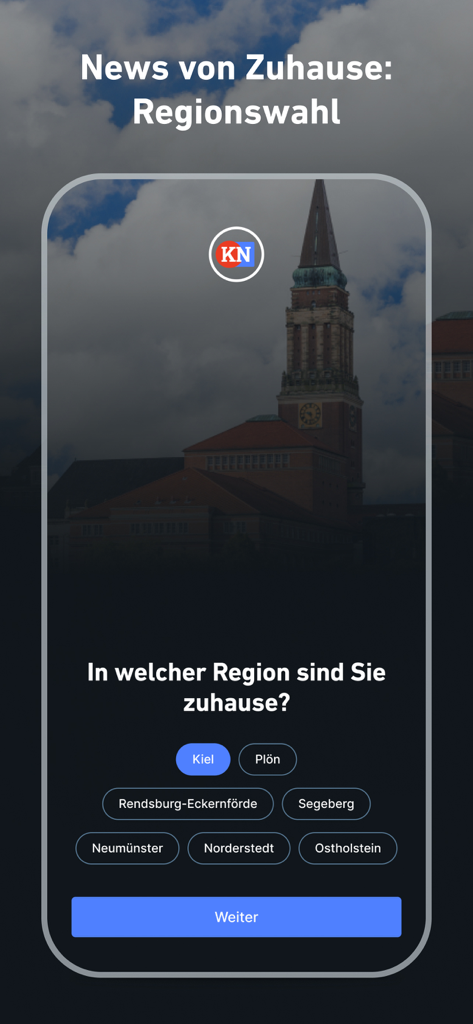 Écran de sélection de région de l'application KN avec des districts locaux et Kiel sélectionnés