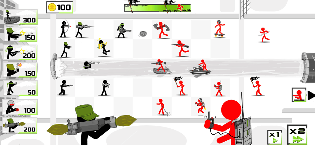 Stickman Army : The Defenders - Stickman Army The Defenders gameplay showing a tactical battle with black units defending against red enemies on a grid map.