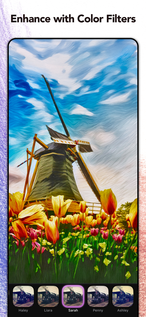 Screenshot der Graphite-App, die ein Windradfoto mit einem lebendigen Farbfilter und künstlerischen Pinselstrichen zeigt